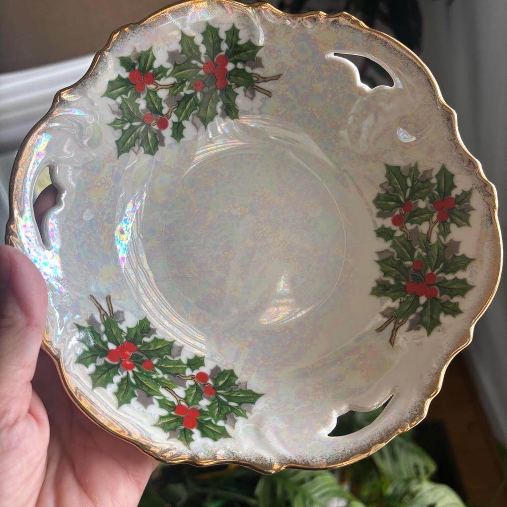 Vintage Napco Opalescent Holly Pattern Ceramic Bowl